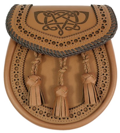 Celtic Knot Brouged Leather Sporran with Tassels - Click Image to Close