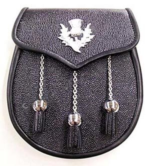 Black Leather Sporran with Thistle Badge