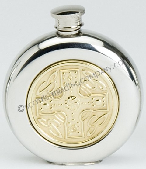 Celtic Cross Round Flask with Brass Insert - Click Image to Close